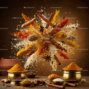 Burst of Indian spices and rice in kitchen setting