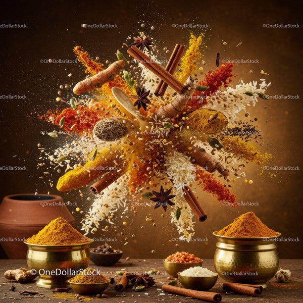 Burst of Indian spices and rice in kitchen setting