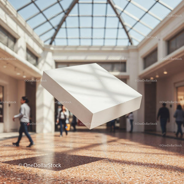 Floating white box in bright shopping mall atrium JPG Mockup Image
