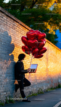 Man holding heart-shaped balloons and chocolates by wall