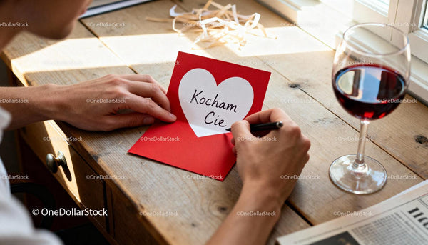 Man Writing Romantic Valentine Card with Glass of Wine