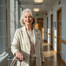 Senior Woman Healthcare Professional in Hospital Corridor with Warm Smile