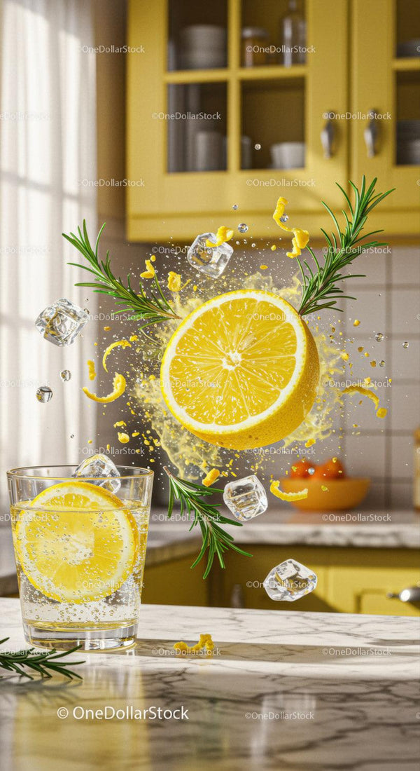 Fresh Lemon Splash with Ice and Rosemary in Kitchen