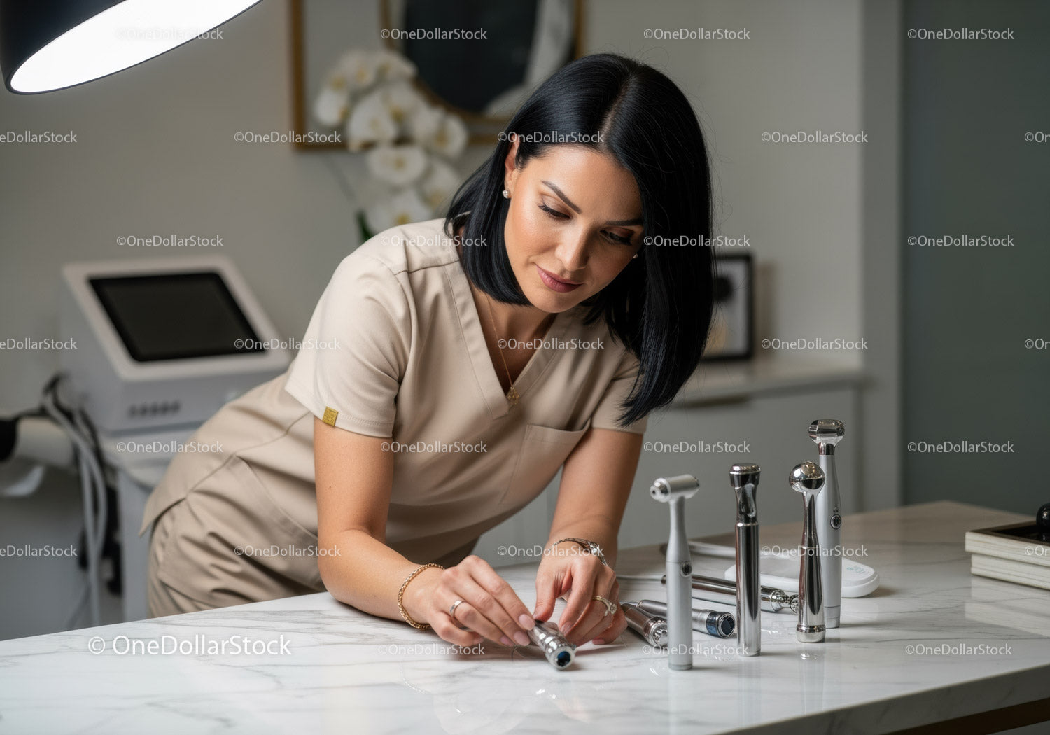 Woman Inspecting Chrome Faucet in Modern Bathroom Scene
