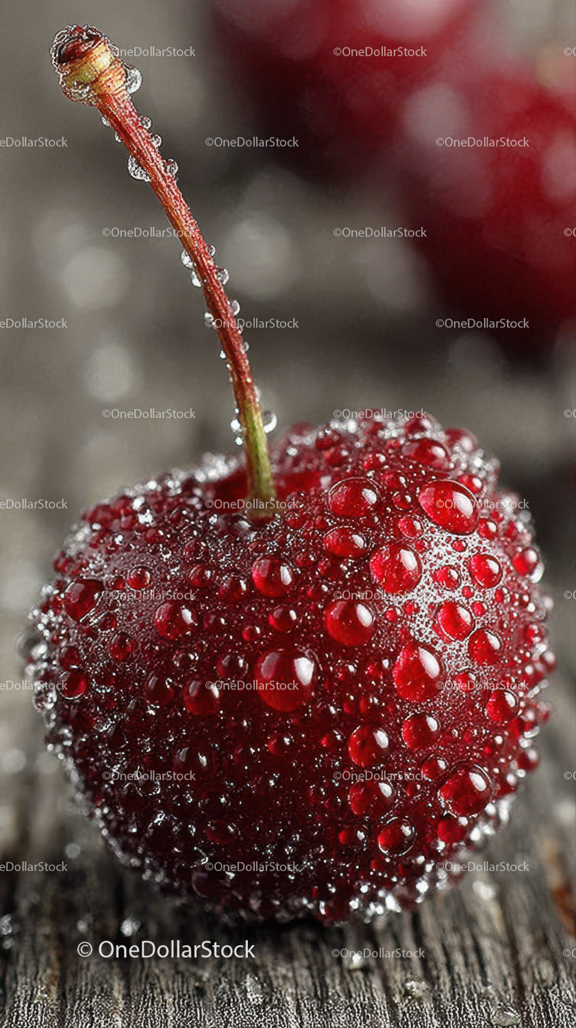 Close-up of Red Cherry with Dew Drops on Rustic Wooden Surface