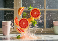 Fresh grapefruit slices splashing with mint in kitchen