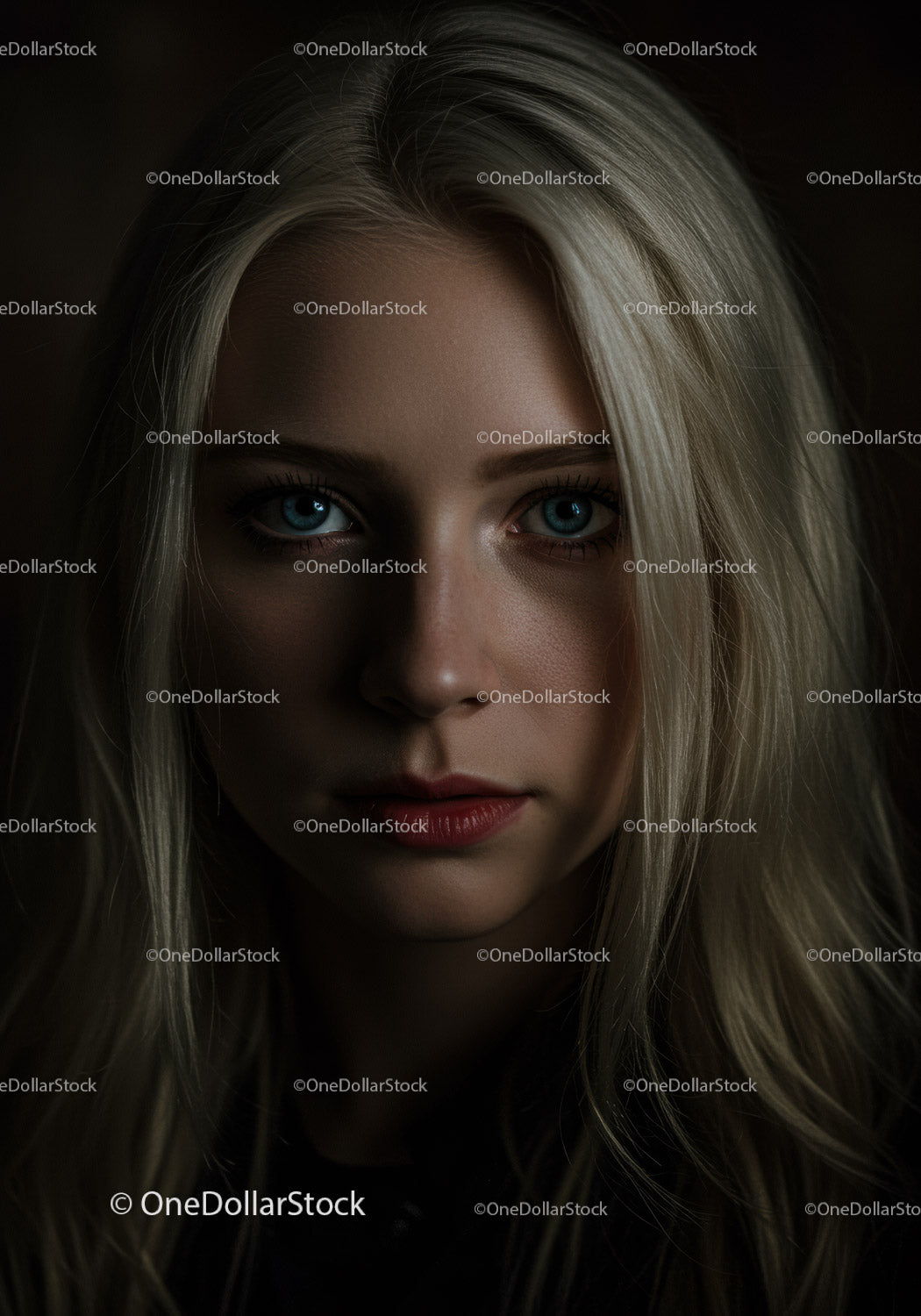 Portrait of young woman with blonde hair and blue eyes