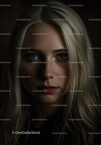Portrait of young woman with blonde hair and blue eyes