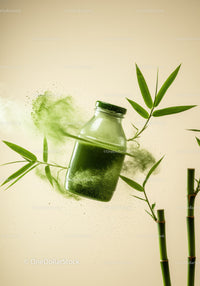 Glass jar with green powder surrounded by bamboo leaves
