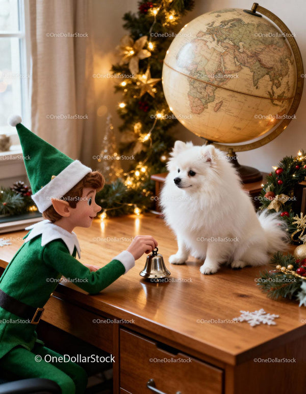 Festive Elf Playing with White Pomeranian Dog Indoors