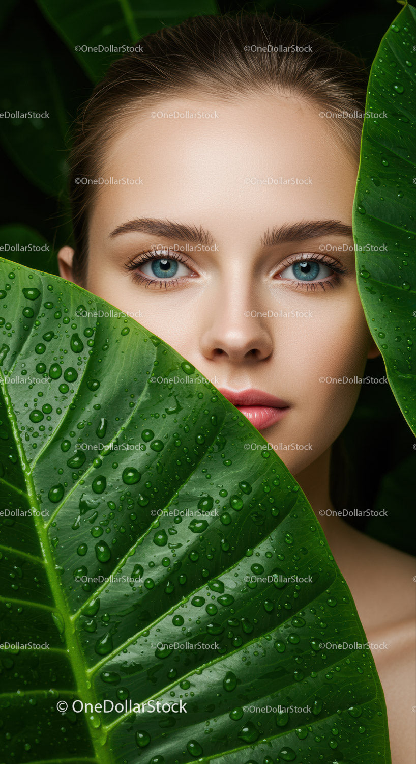 Close-Up of Woman with Blue Eyes Behind Green Tropical Leaves with Water Droplets
