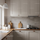 Modern Minimalist Kitchen with Beige Cabinets and Wooden Countertop