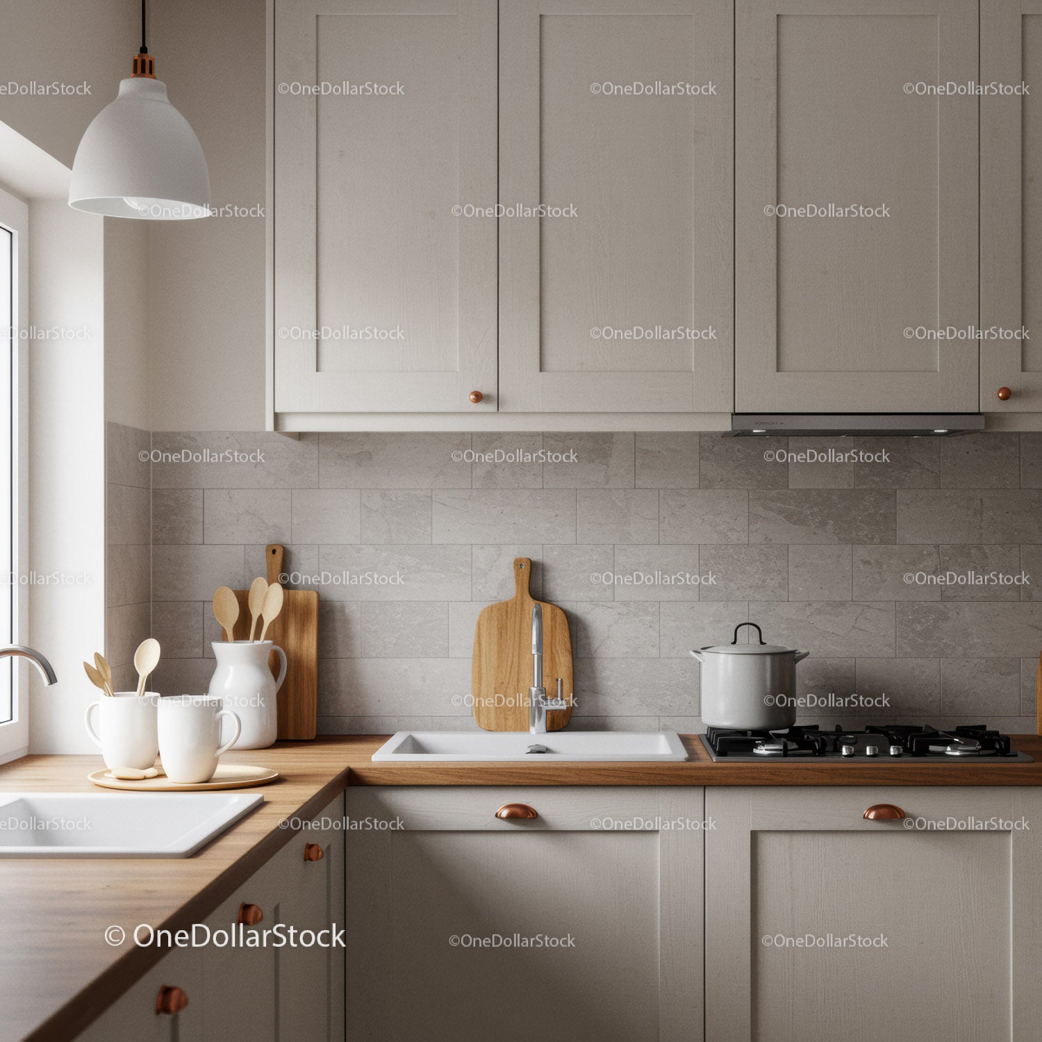 Modern Minimalist Kitchen with Beige Cabinets and Wooden Countertop