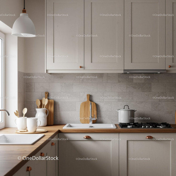 Modern Minimalist Kitchen with Beige Cabinets and Wooden Countertop