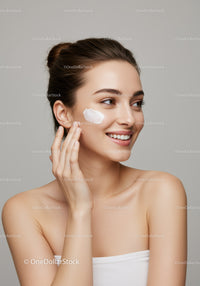 Bright Smiling Woman Applying Skincare Cream for Healthy Skin