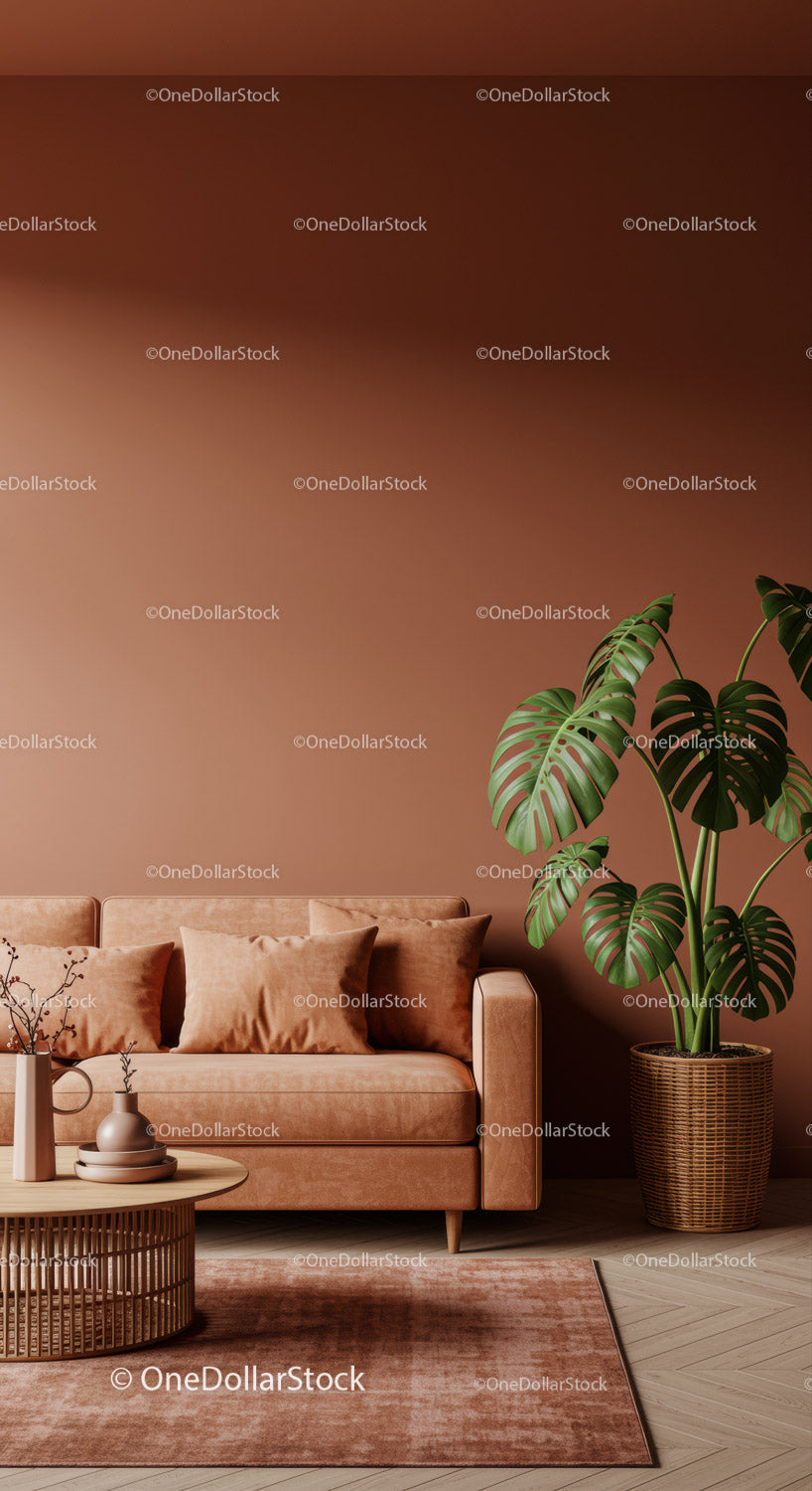 Nowoczesny salon z Monsterą i wygodną beżową sofą