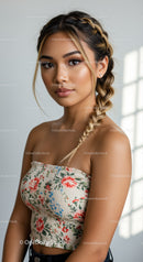 Young Woman with Braided Hairstyle in Floral Summer Top
