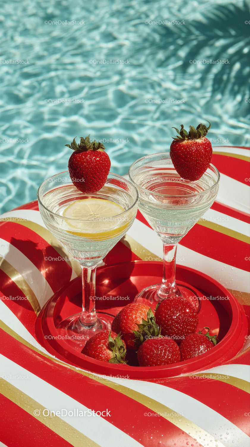 Fresh Strawberries and Lemonade in Cocktail Glasses by Poolside