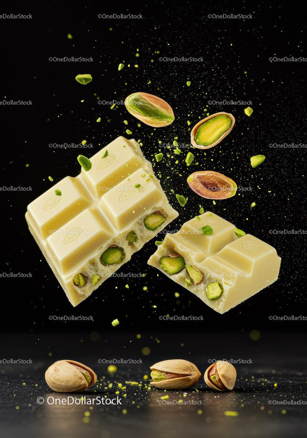 White chocolate with pistachios bursting in air