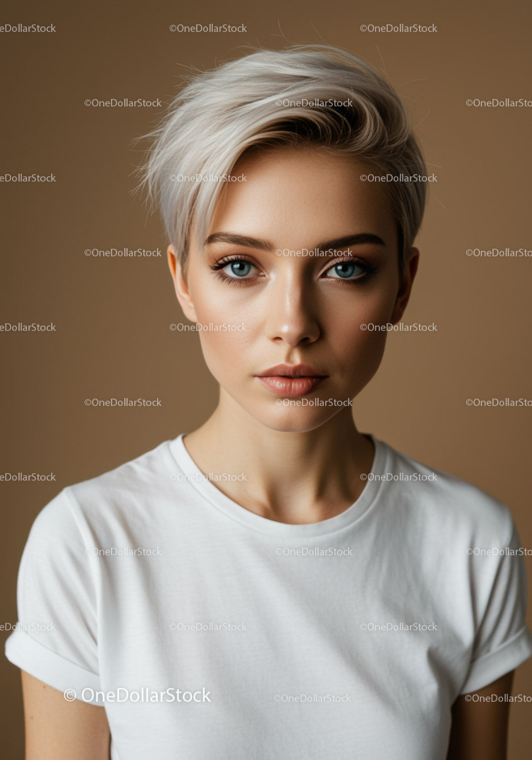Stylish Young Woman with Short Silver Hair and Blue Eyes Portrait