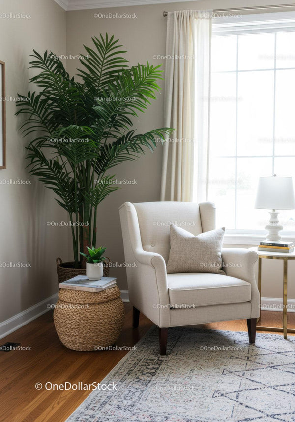 Elegant Living Room with Large Potted Palm and Cozy Armchair