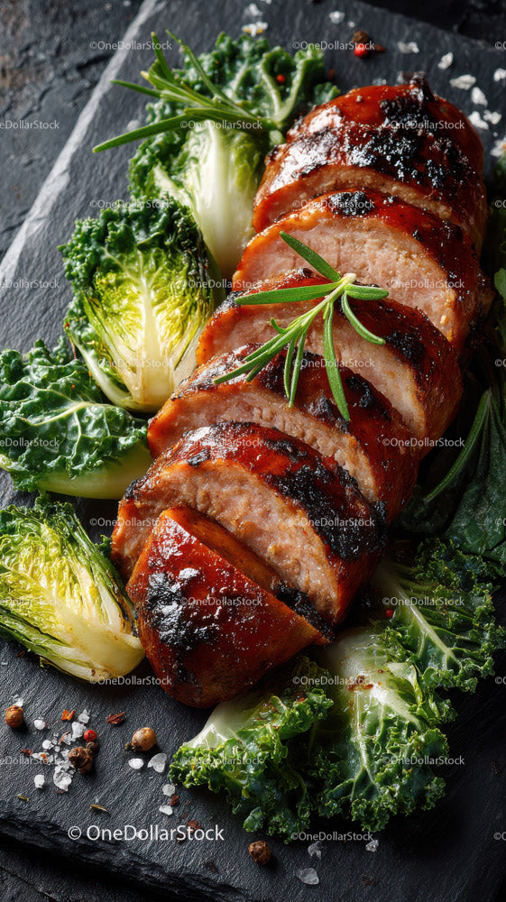 Grilled Beef Ribs with Fresh Green Herbs on Plate