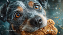 Close-up of a cute dog with a bone in its mouth showcasing furry face and expressive eyes