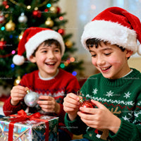 Two Boys Decorating Christmas Tree with Ornaments