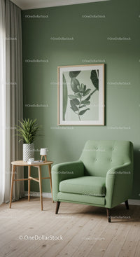 Modern Green Armchair and Indoor Plant in Cozy Living Room