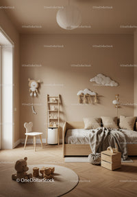 Beautiful Cozy Children's Bedroom with Wooden Toys and Cloud Decor