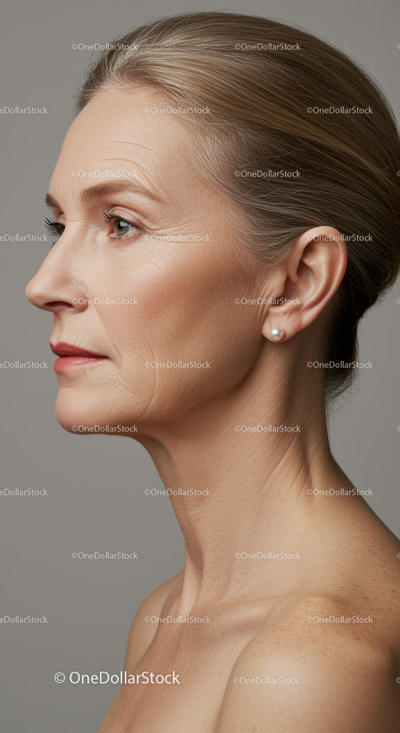 Elegant Elderly Woman Side Profile with Pearl Earring for Stock