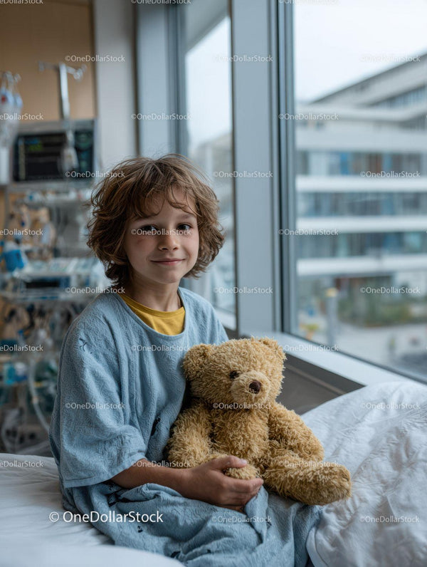 Young Boy in Hospital Room Holding Teddy Bear with Bright Smile