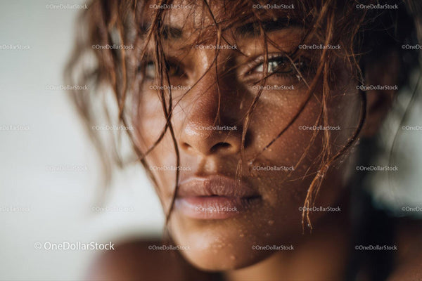 Close-up Portrait of a Woman with Wet Hair and Freckles