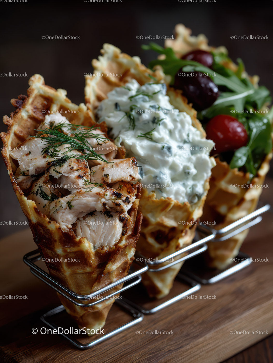Chicken and Waffle Cones with Fresh Herbs and Cherry Tomatoes