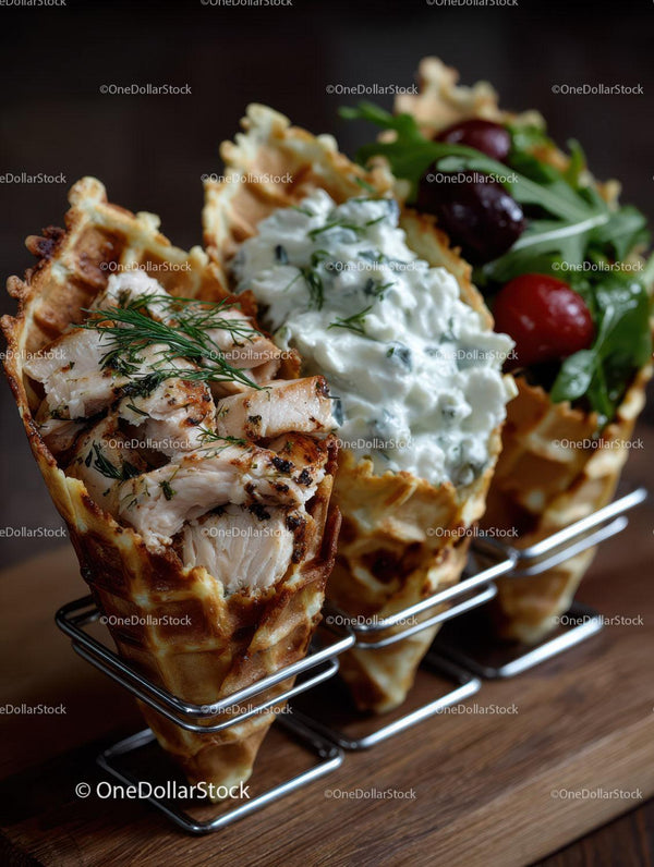 Chicken and Waffle Cones with Fresh Herbs and Cherry Tomatoes