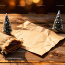 Rustic Christmas Letter on Wooden Surface with Mini Trees