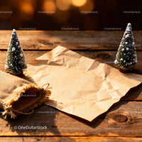 Rustic Christmas Letter on Wooden Surface with Mini Trees