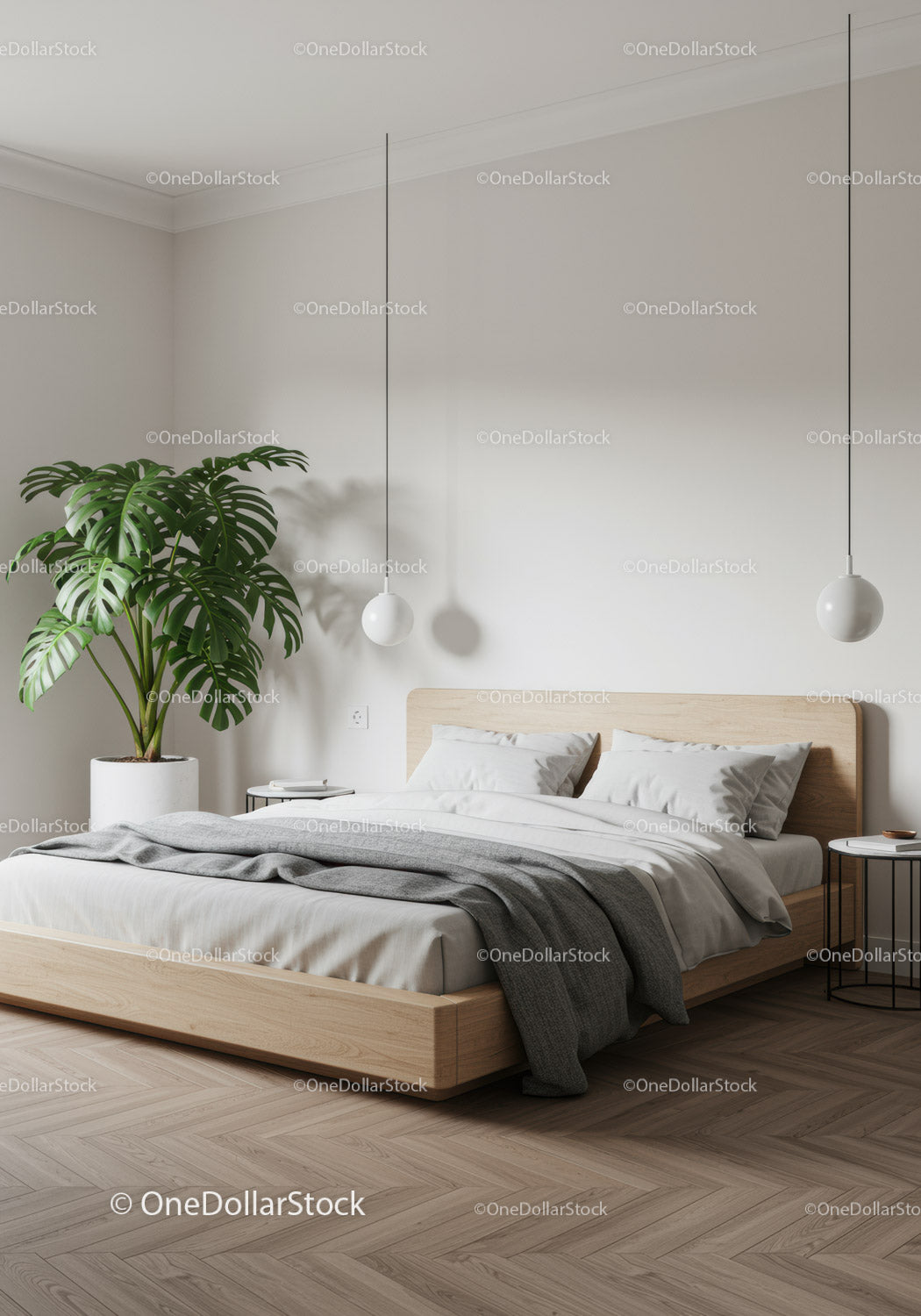 Minimalistyczna, nowoczesna sypialnia z białą pościelą i zieloną rośliną Monstera