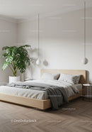 Minimalist Modern Bedroom with White Bedding and Green Monstera Plant