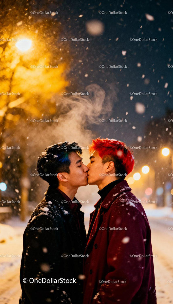 Couple sharing a tender kiss on snowy winter evening