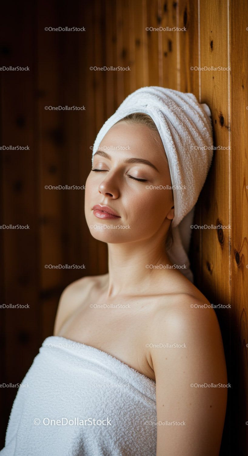 Zrelaksowana młoda kobieta z ręcznikiem i atmosferą spa
