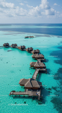 Overwater Bungalows on Turquoise Ocean with Scenic Coastline