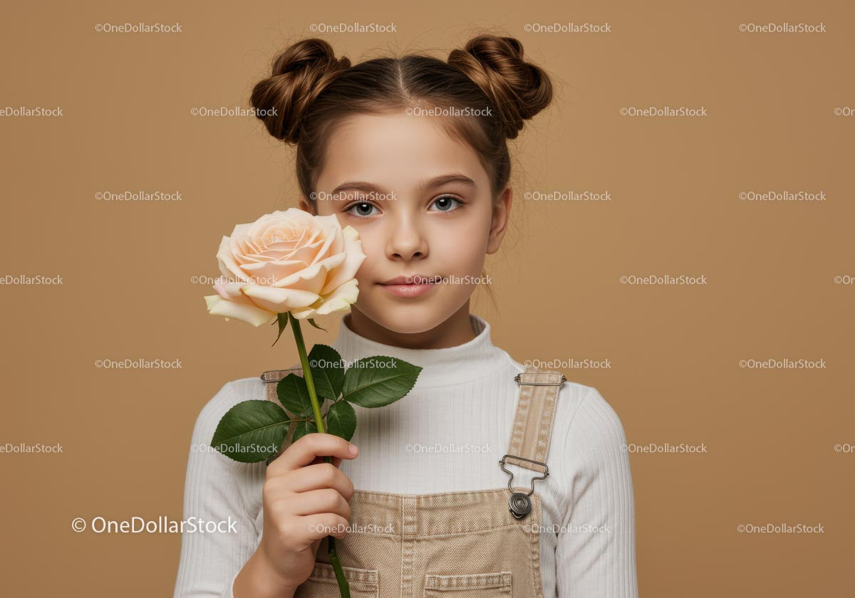 Young Girl with Pale Peach Rose Portrait on Soft Beige Background