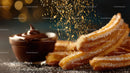 Golden Churros with Chocolate Sauce and Sugar Crystals