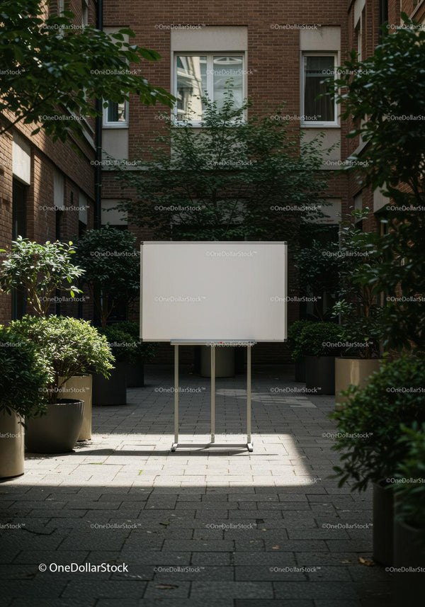 Blank whiteboard standing in serene urban courtyard JPG Mockup Image
