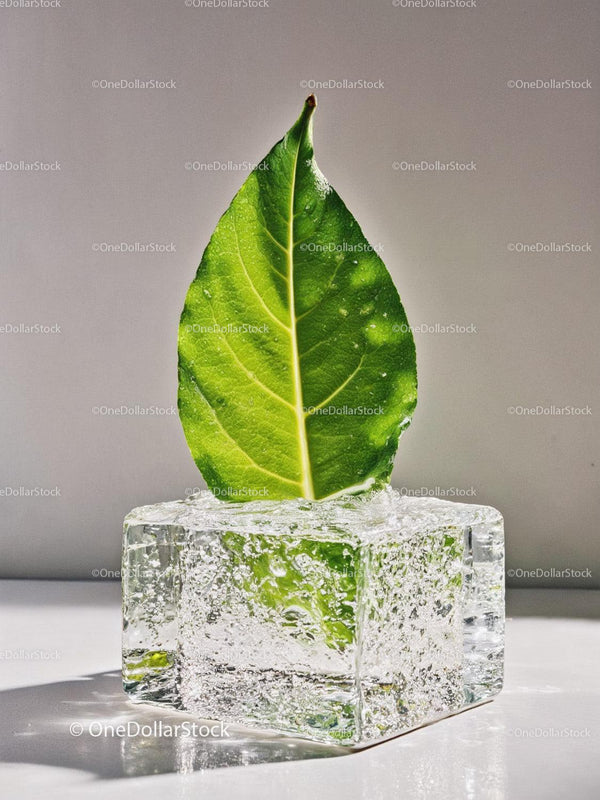 Fresh green leaf emerging from clear ice cube