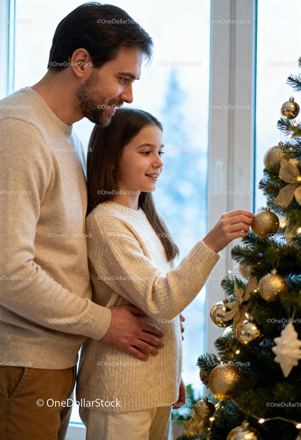 Father and daughter decorating Christmas tree together