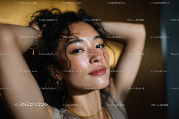 Portrait of a Young Woman with Curly Black Hair and Natural Makeup