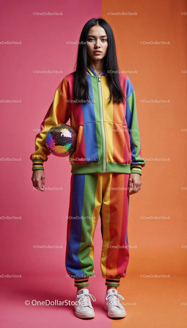 Fashionable woman in rainbow tracksuit standing on colorful background