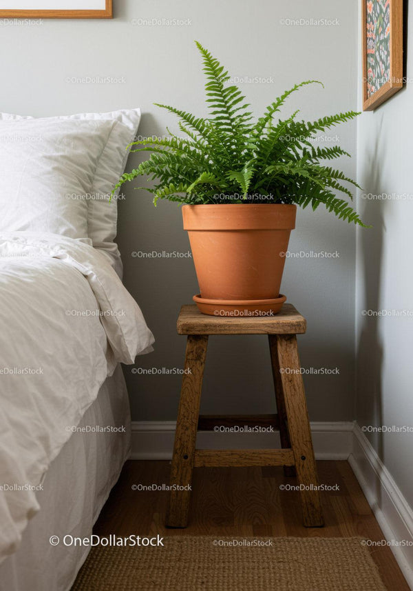 Lush Indoor Fern in Terracotta Pot on Wooden Stand in Cozy Bedroom